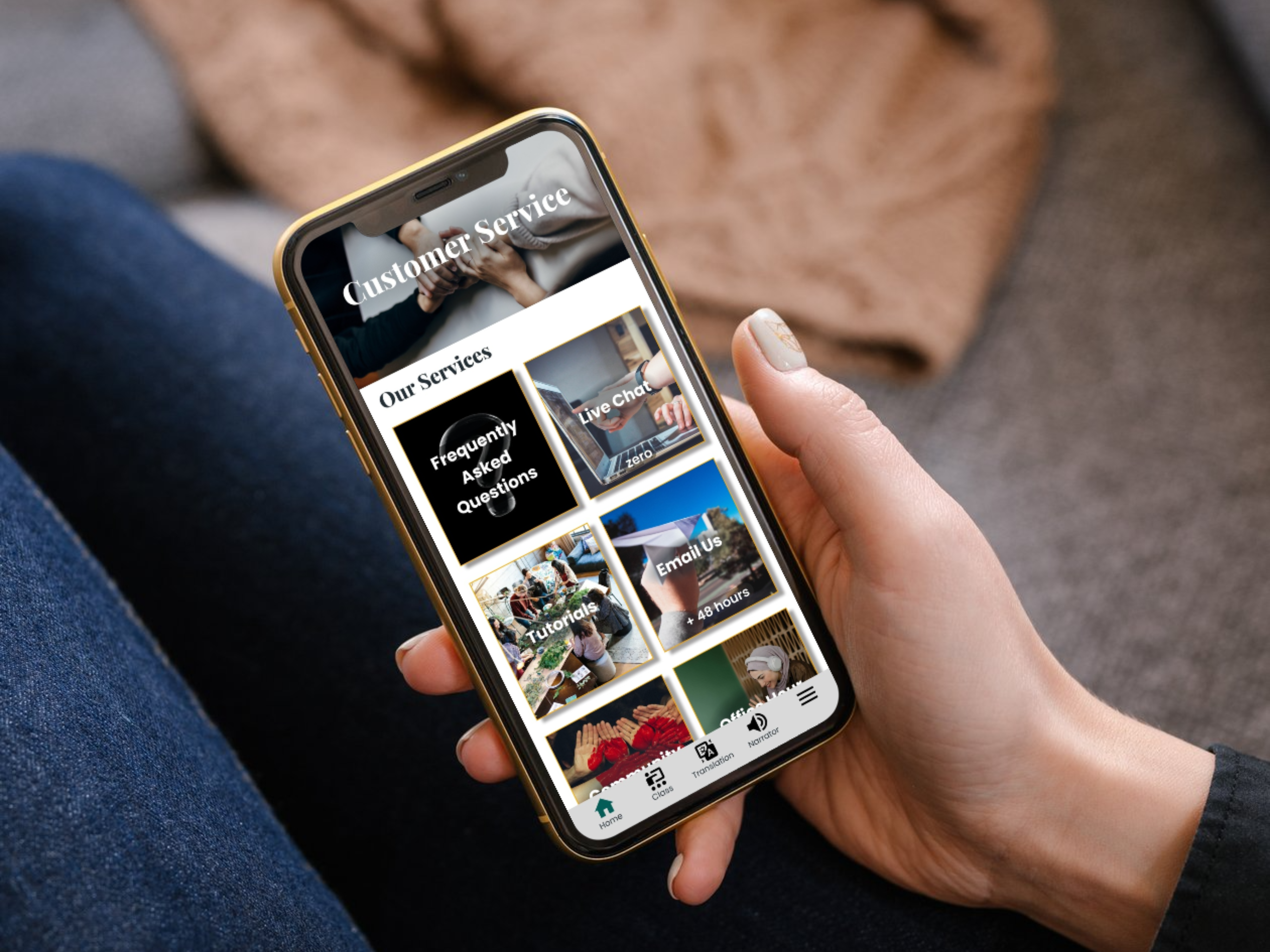 photo of the customer service app showing Narrator, an accessibility feature